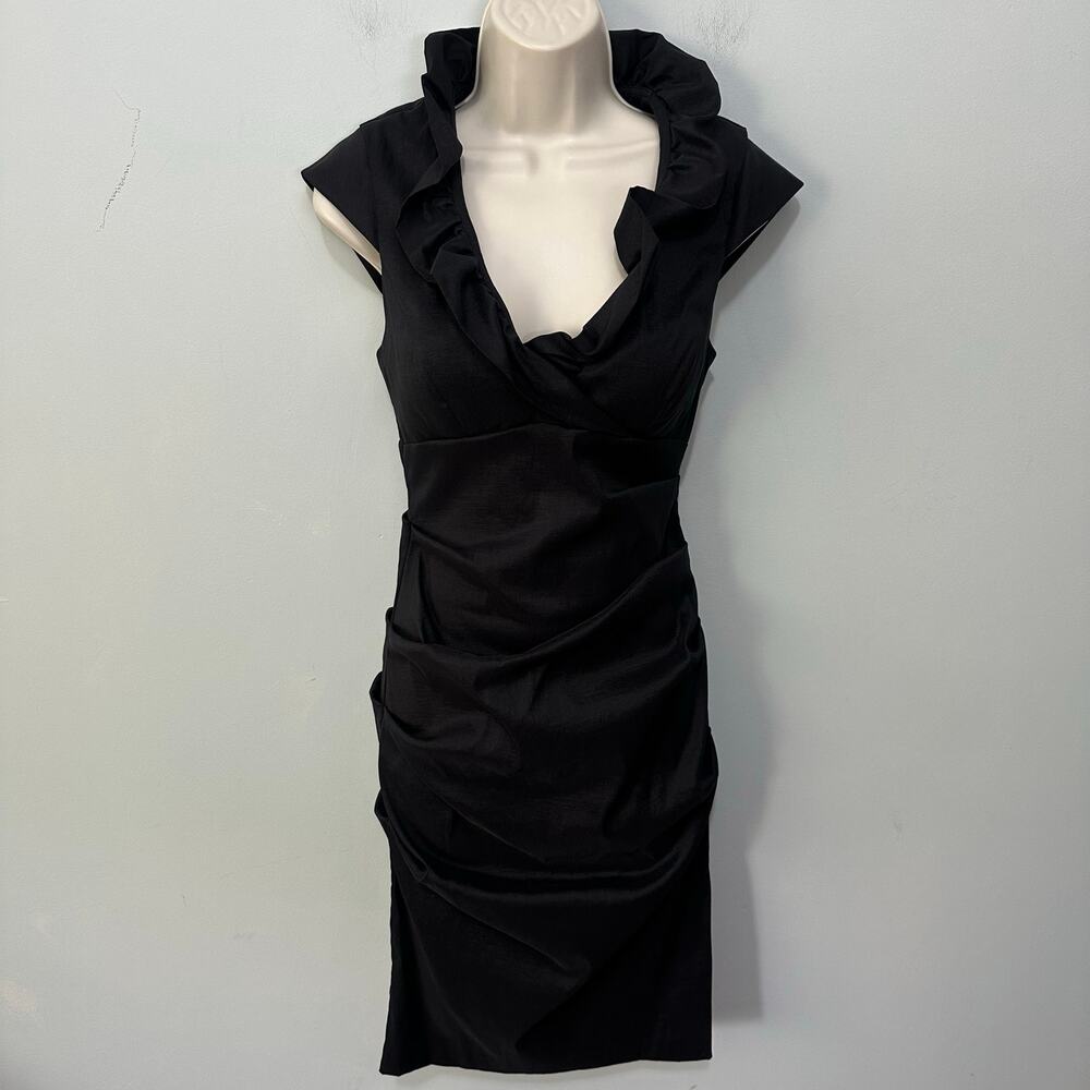 Xscape Dress Womens 6 Black Ruffle Bodycon Midi Cocktail Pinup Coquette Glam